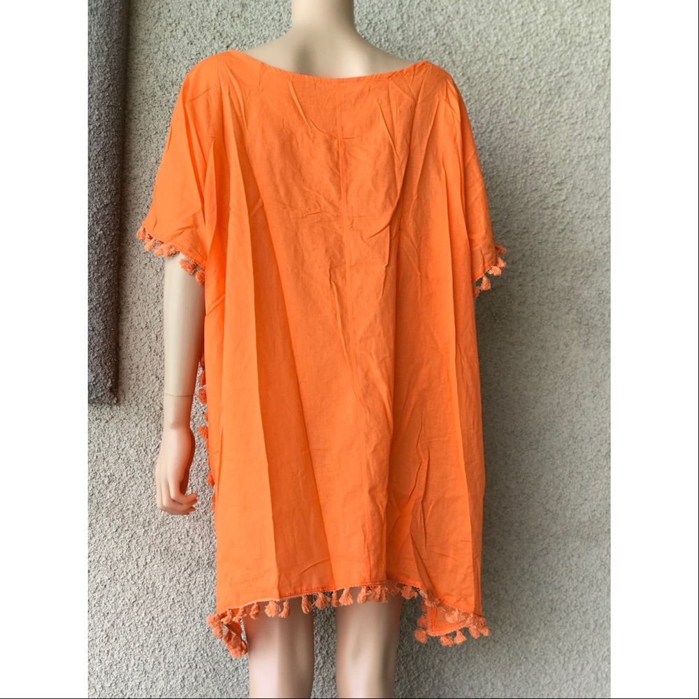Orange Crush Linen Tassels Boho Beach Cover up - Picture 4 of 4